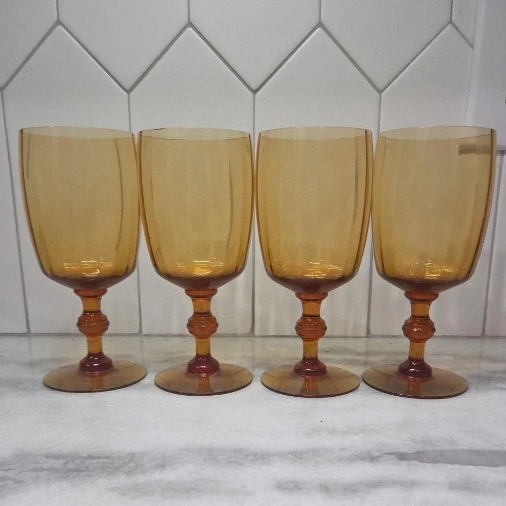 Amber Ribbed Optic Wine Glasses, Set of 4,‎ Vtg Stemware, Replacement Drinkware